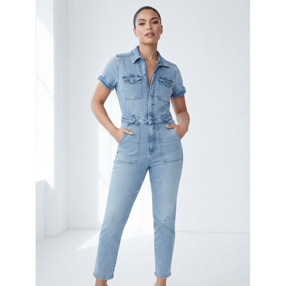 Good American Fit for Success Denim Jumpsuit Light Blue Utility Romper Womens